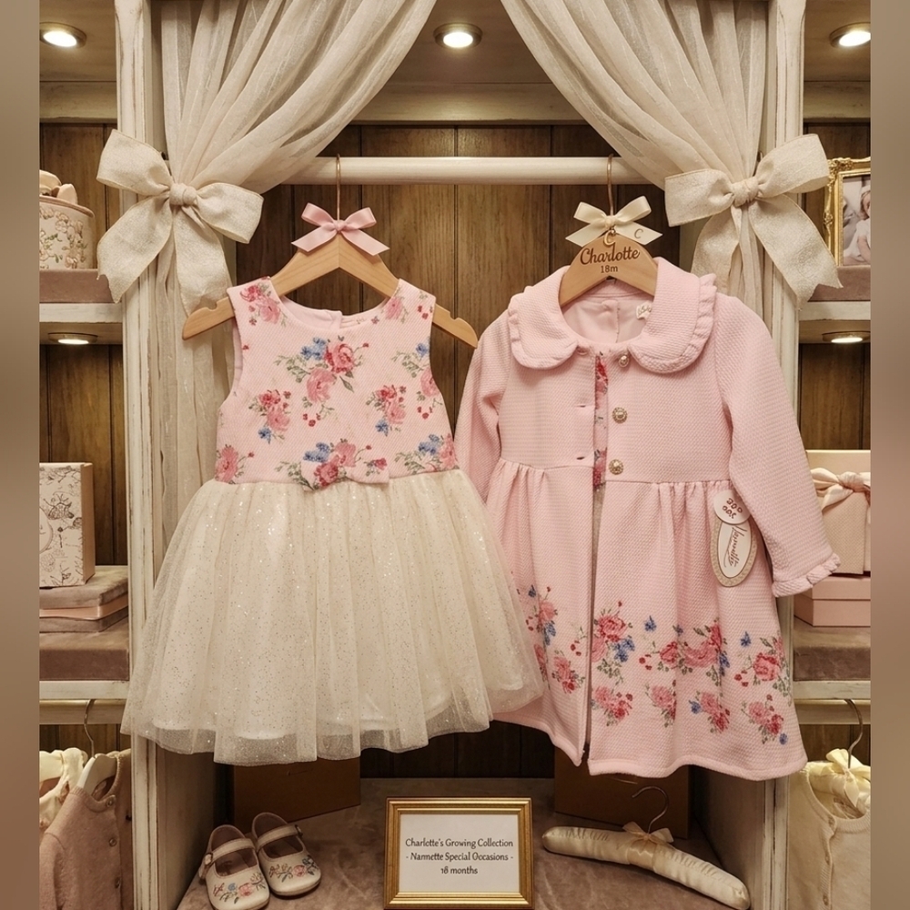 Nanette Pink Floral Baby Girl Dress w/Peter Pan Collared Coat, S18m, NWT